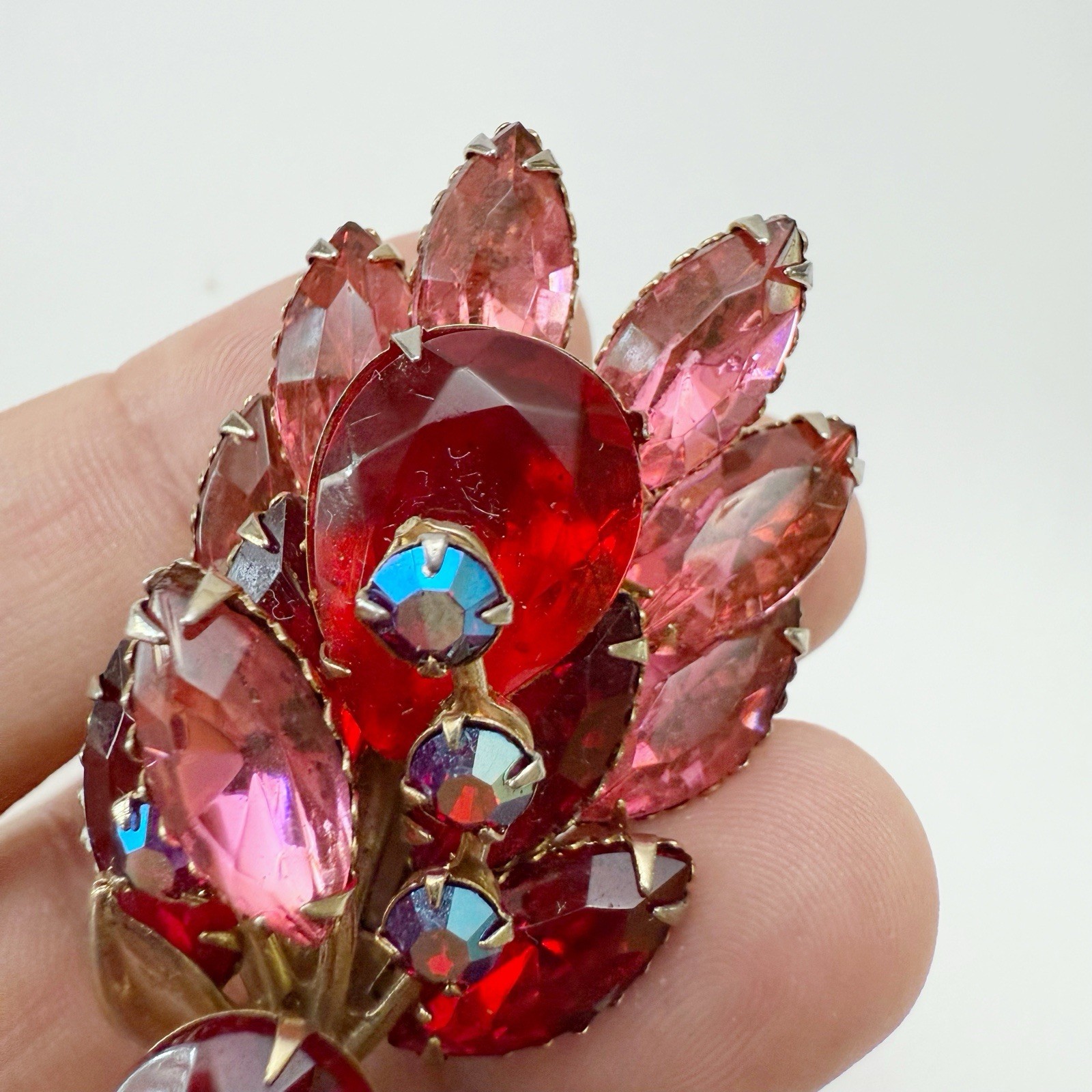 Vintage Red Pink AB Glass Rhinestone Flower Floral Spray Brooch Pin Goldtone
