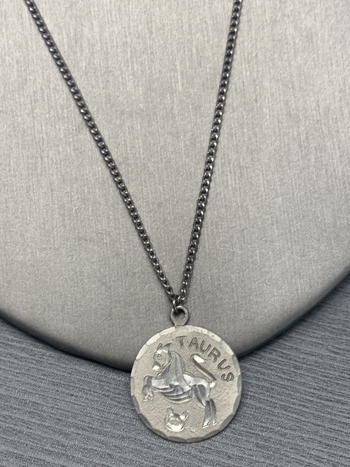 Vintage Pewter BDA Zodiac astrology Taurus Bull Engraved Pendant Necklace 18”