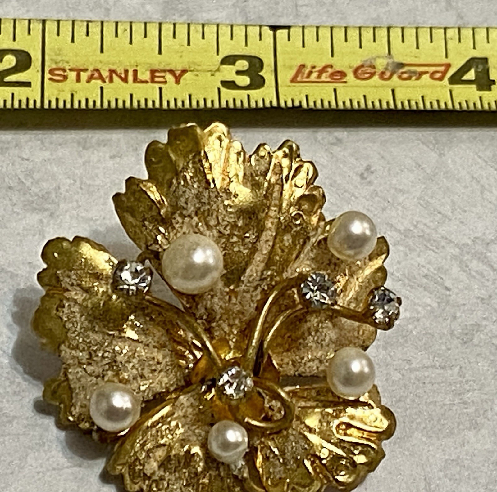 Vintage Gold Tone Brooch Leaf Clear Rhinestones & Pearls Made In Austria