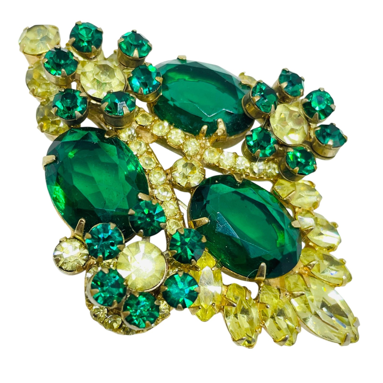 Vintage gold tone emerald green rhinestones flowers designer brooch earrings set
