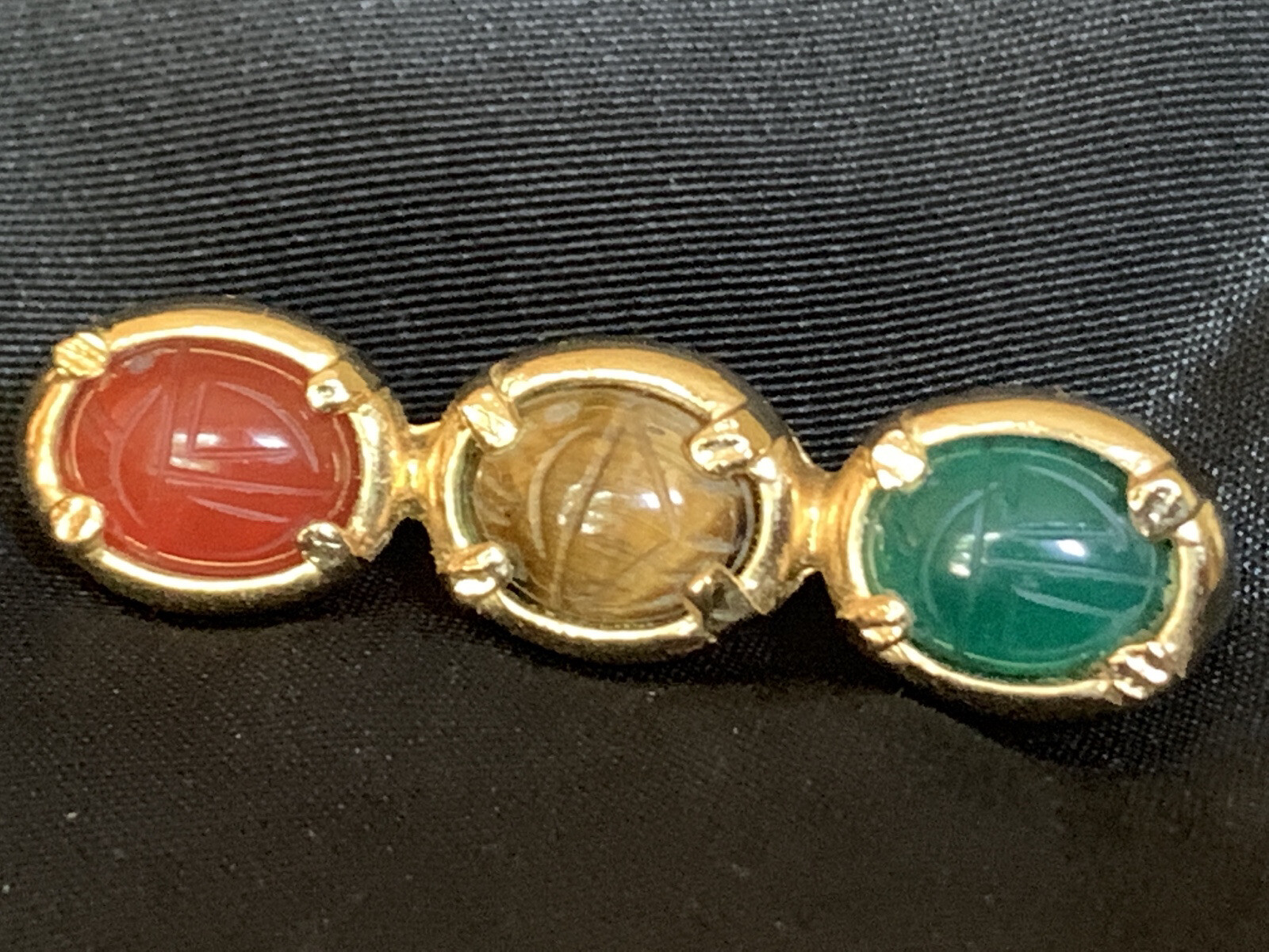 Vintage Multi-Gemstone Carved Scarab Brooch Pin Bar Carnelian Tiger’s Eye & Jade