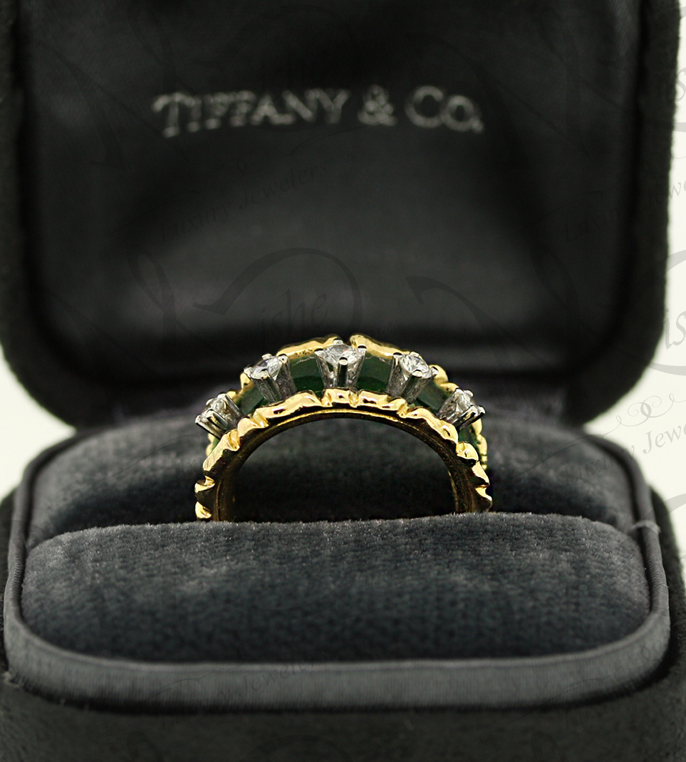 Tiffany & Co 18K Yellow Gold Diamond Green Enamel Ring Size 4.75