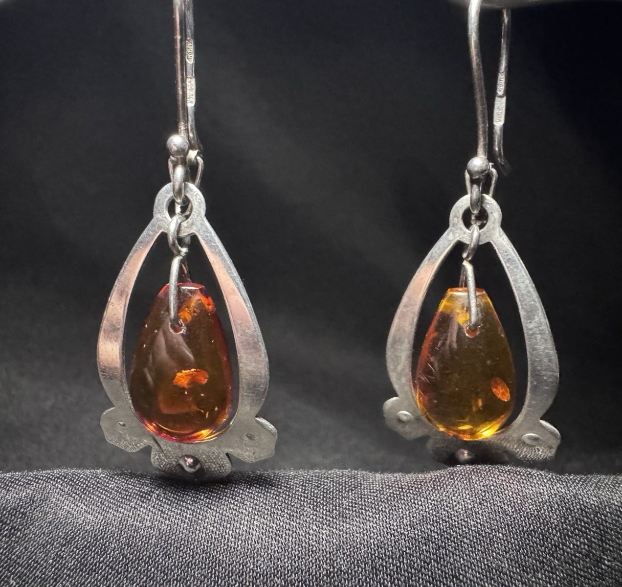 Vintage Soviet 925 Silver Cognac Amber Drop Earrings, USSR 1989 Hallmark, 2″