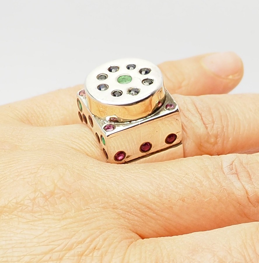 Unusual handmade sterling silver gold vermeil ruby sapphire emerald ring sz 6