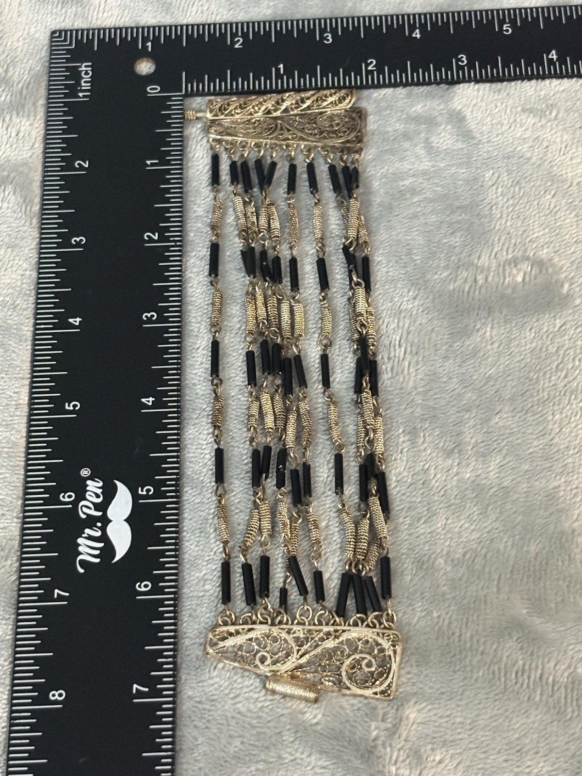 Vintage Multi Strand Wire Wrap Bracelet Filigree Black Tube Bead Metalwork 6.4”