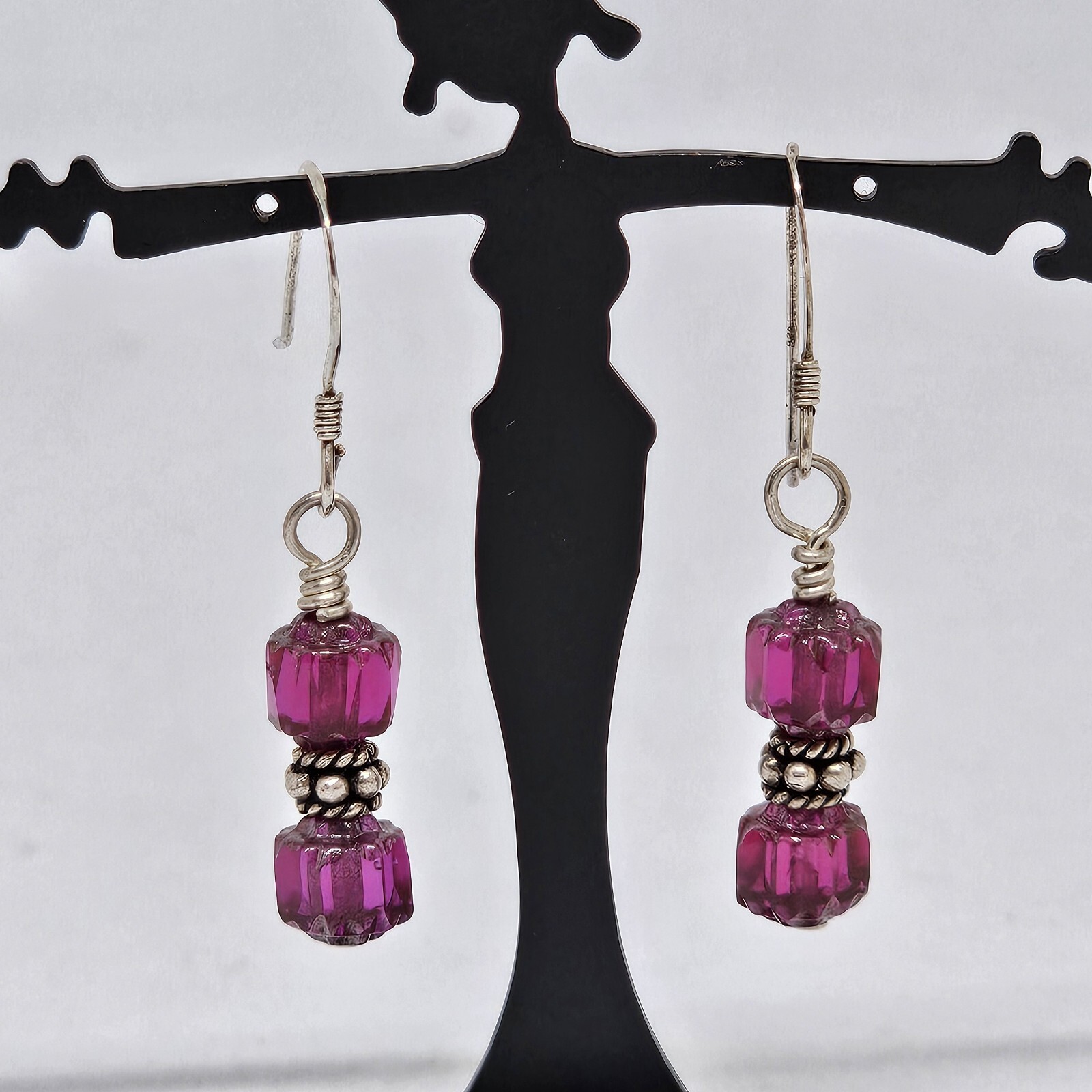 925 Sterling Silver – Fuchsia Red Glass Crystal Bead Drop Dangle Earrings