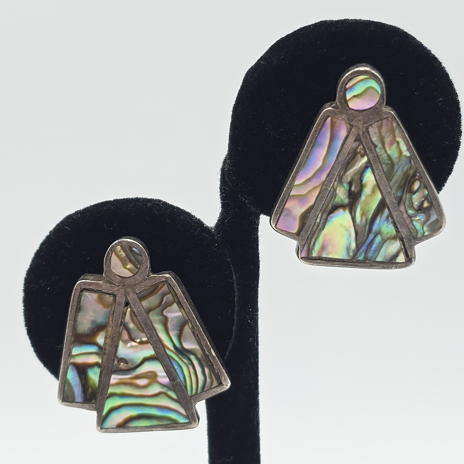 VTG Sterling Silver Abalone Angel Screw Back Earrings Mexico MCM Figural