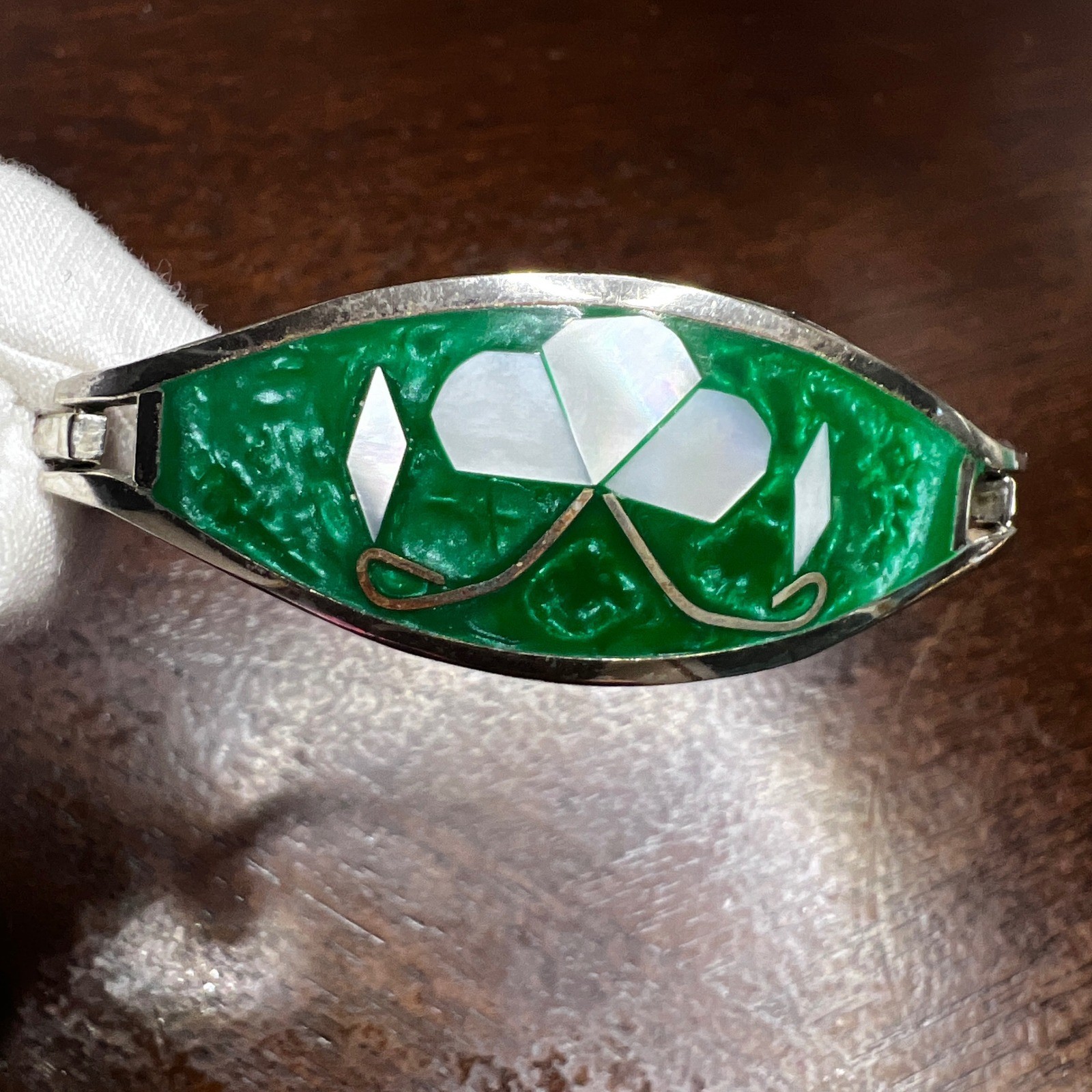 Vintage Alpaca Mexico Abalone Bangle Bracelet Silver Tone 7.5″ Green Enamel