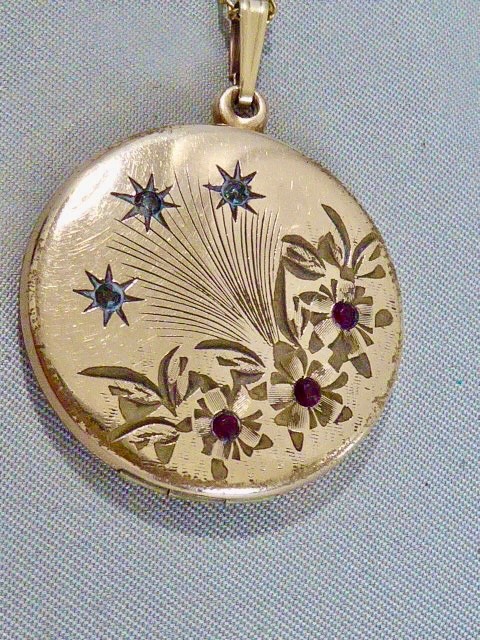 VICTORIAN 14K Y GOLD FILLED SHOOTING STARS LOCKET 1 1/4″ NECKLACE 1874 DATE