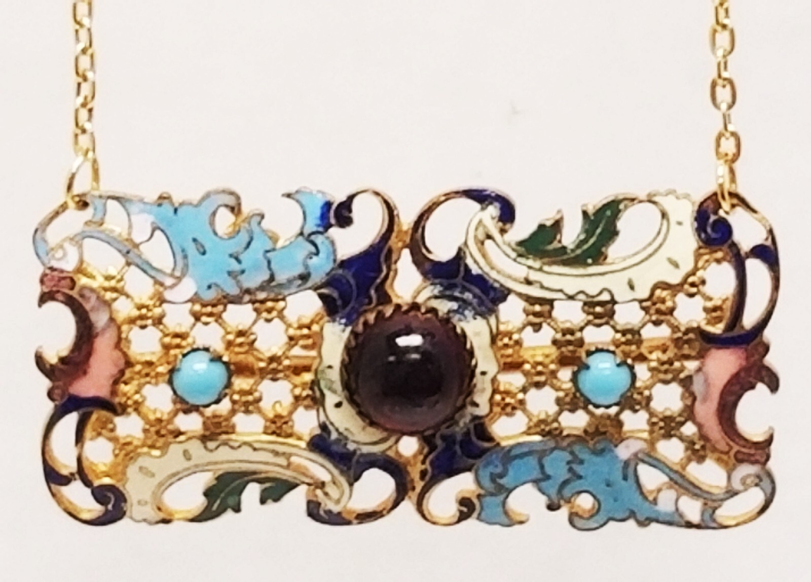 Antique Jeweled Champleve Enamel 1/2 Buckle Repurposed Necklace 19 3/4″