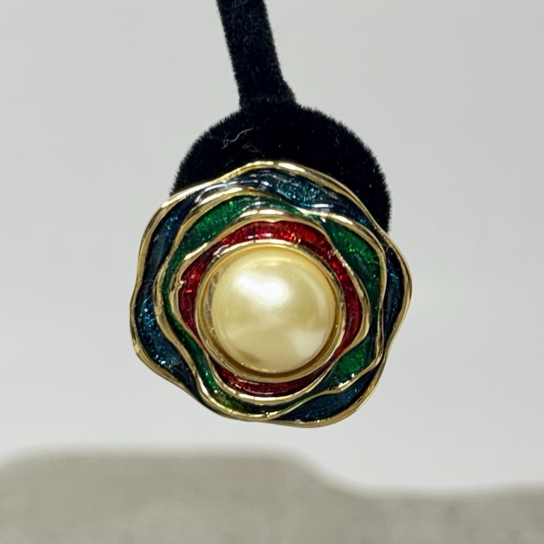 Vntg TACOA Multicolor Enamel Flower Clip-On Earrings Gold Tone Faux Pearl NOS