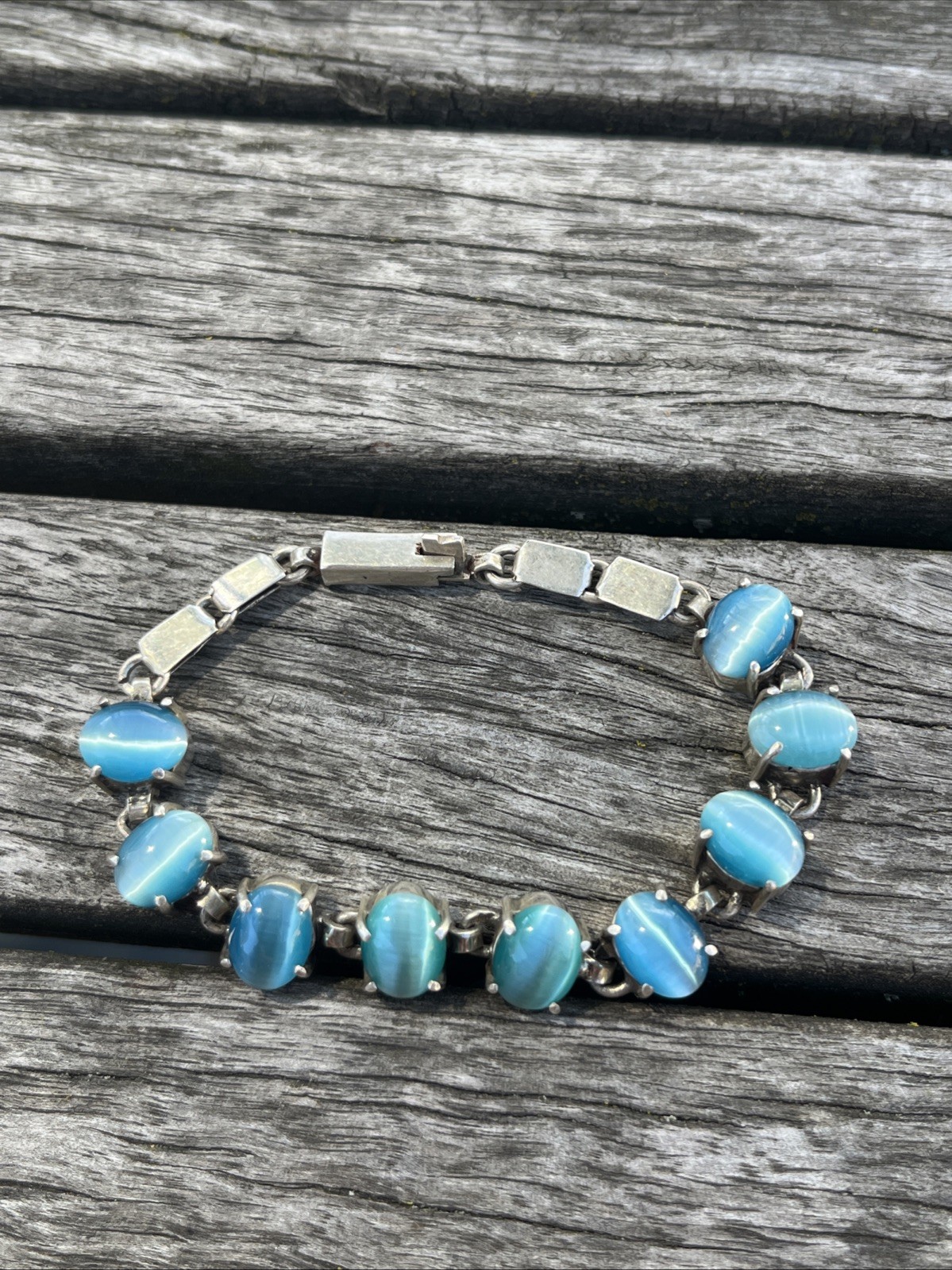 Vintage Blue Cats Eye Gem Stones Silver Bracelet Small
