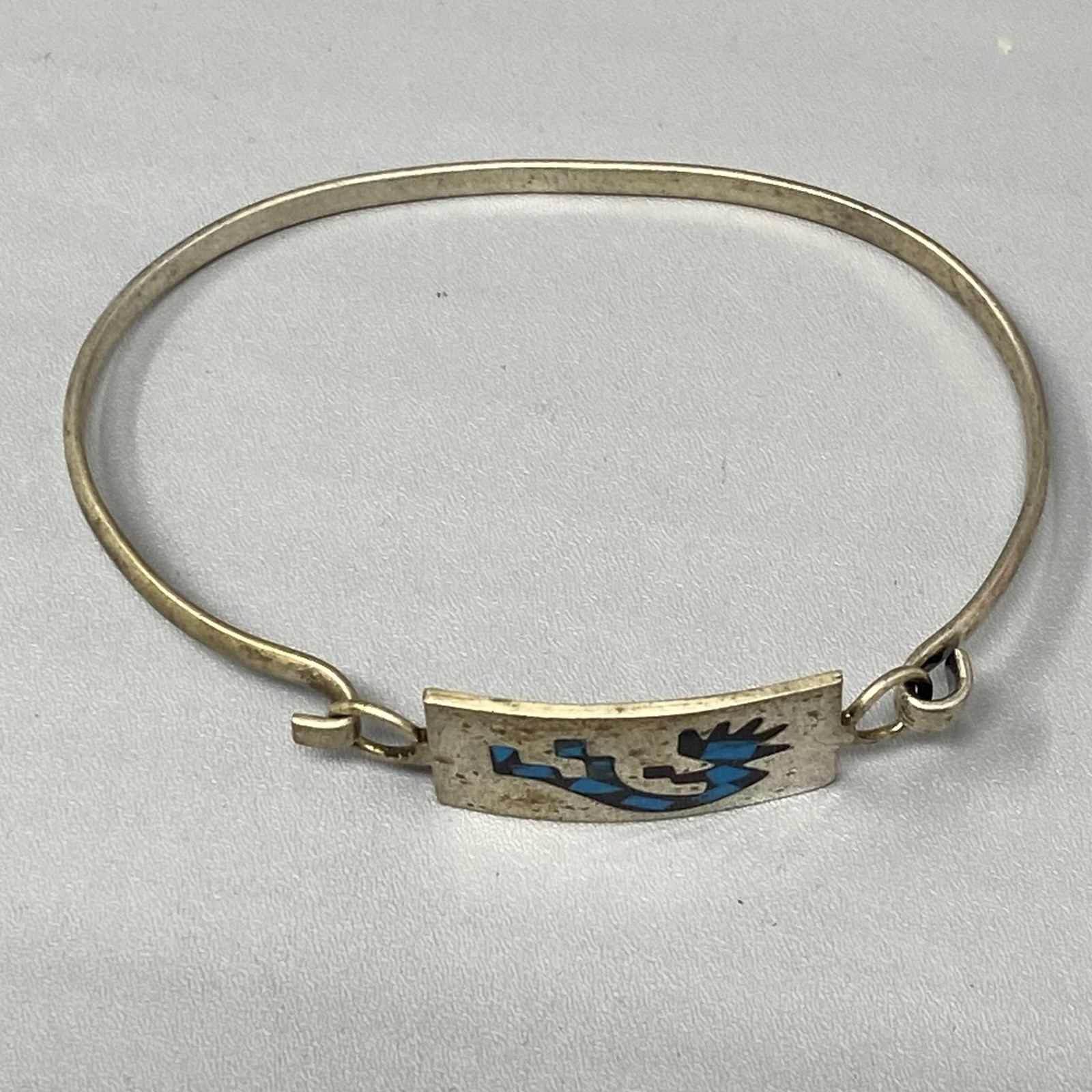 Vintage Turquoise Inlay Kokopelli Bangle Mexico Silver Unsigned Hook Clasp 7.25″