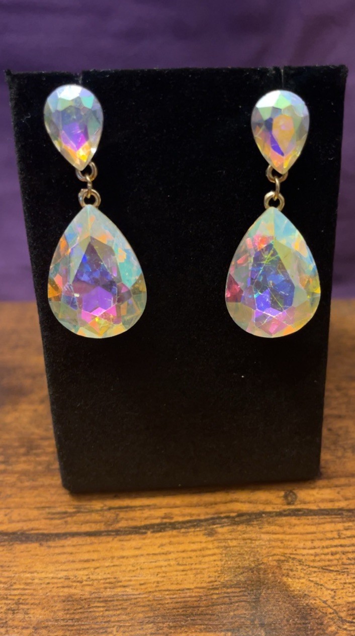 Vintage Aurora Borealis Crystal Drop Earrings Faceted AB Rhinestone Glam