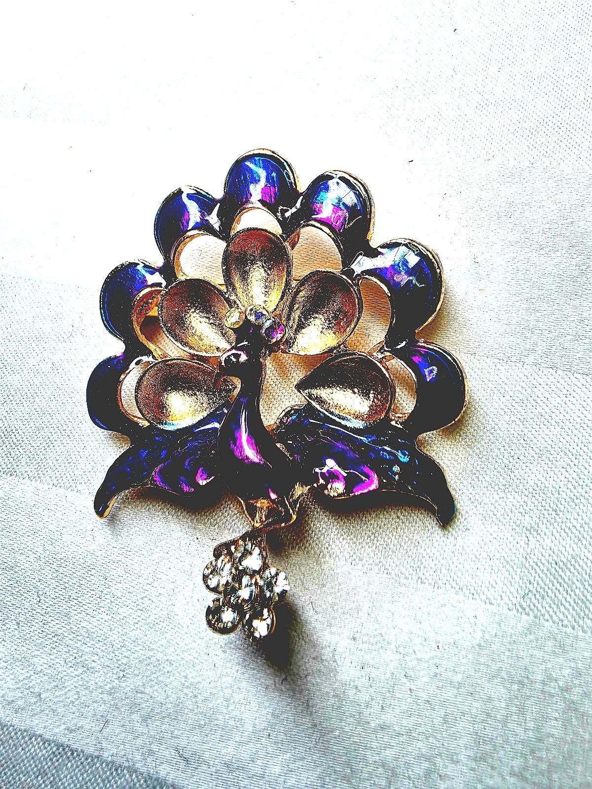 Vintage Gold Tone Peacock Brooch Purple Blue Enamel Rhinestone Estate Jewelry