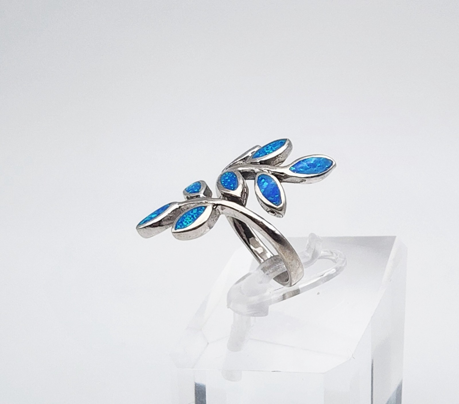 SI Sterling Silver Blue Fire Opal Inlay Branch & Leaf Bypass Ring Size 6.75