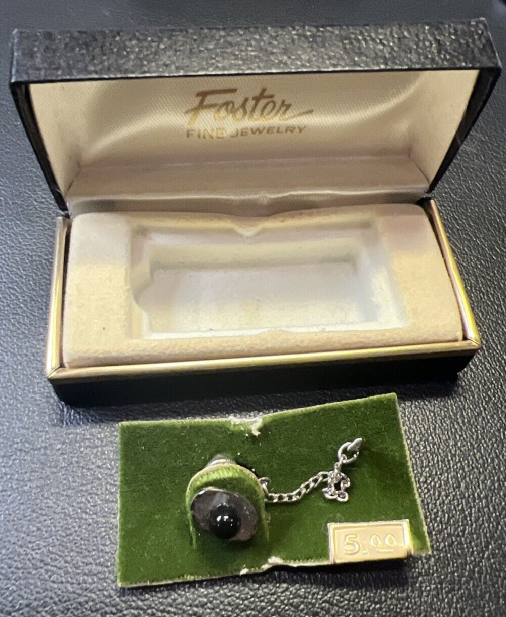 Vintage Foster 5mm Round Black Onyx Oval Silver Tone Tie Tack Pin with Chain