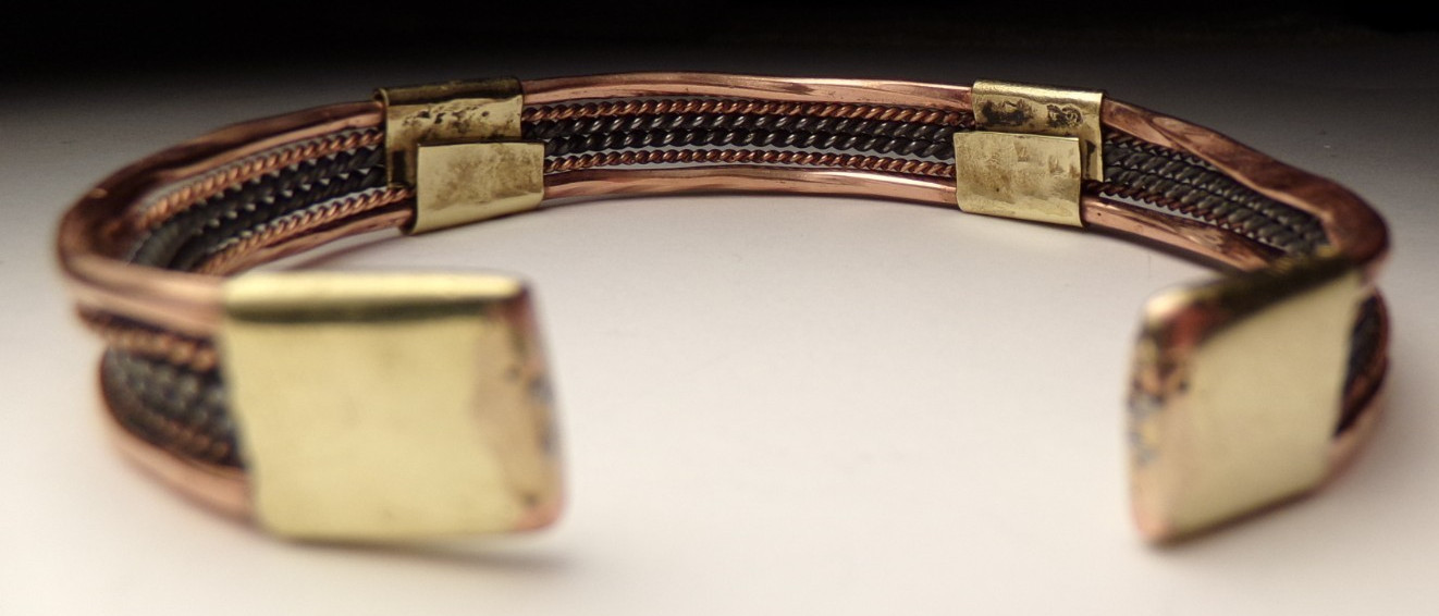 VTG MCM COPPER BRASS STERLING SILVER MIXED METAL ARTIST CRUDE CUFF MENS BRACELET