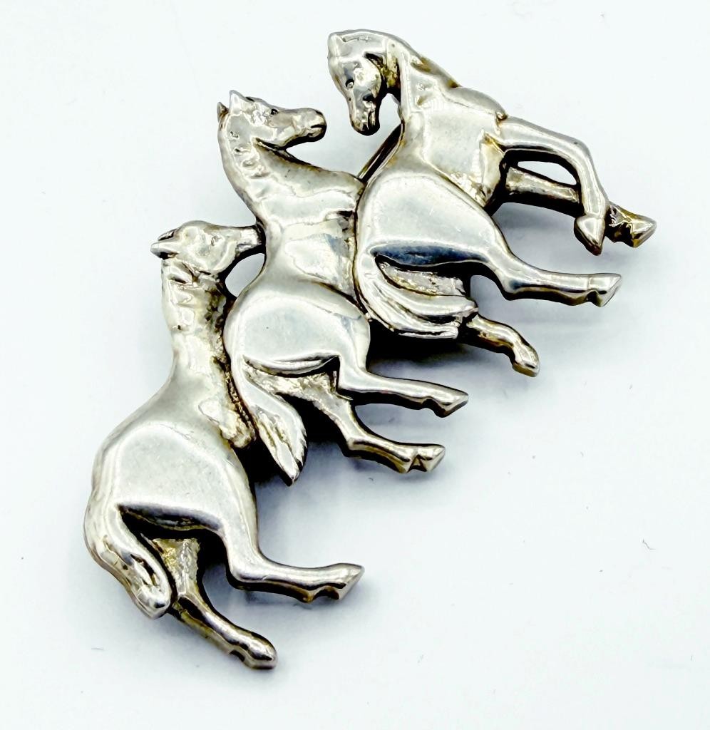 Vintage Sterling Silver Running Horses Pin by Artist Carol Felley