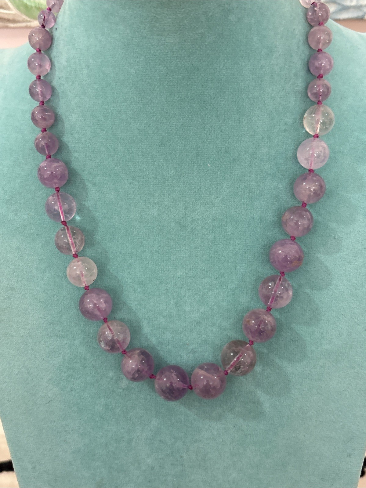Vintage Chinese Export Sterling Silver Clasp Hand Knotted Amethyst Necklace 20″