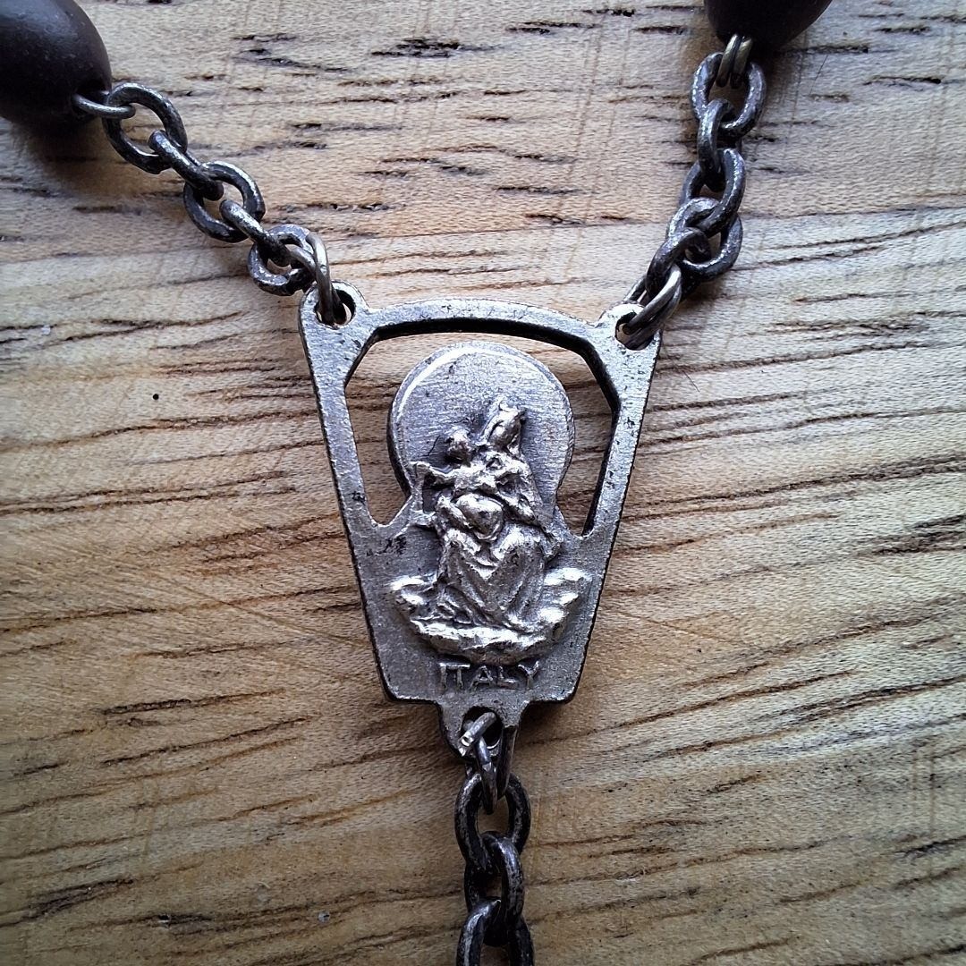 Vintage Italy Rosary Necklace Religious Wood Beads Silver Tone Pendant