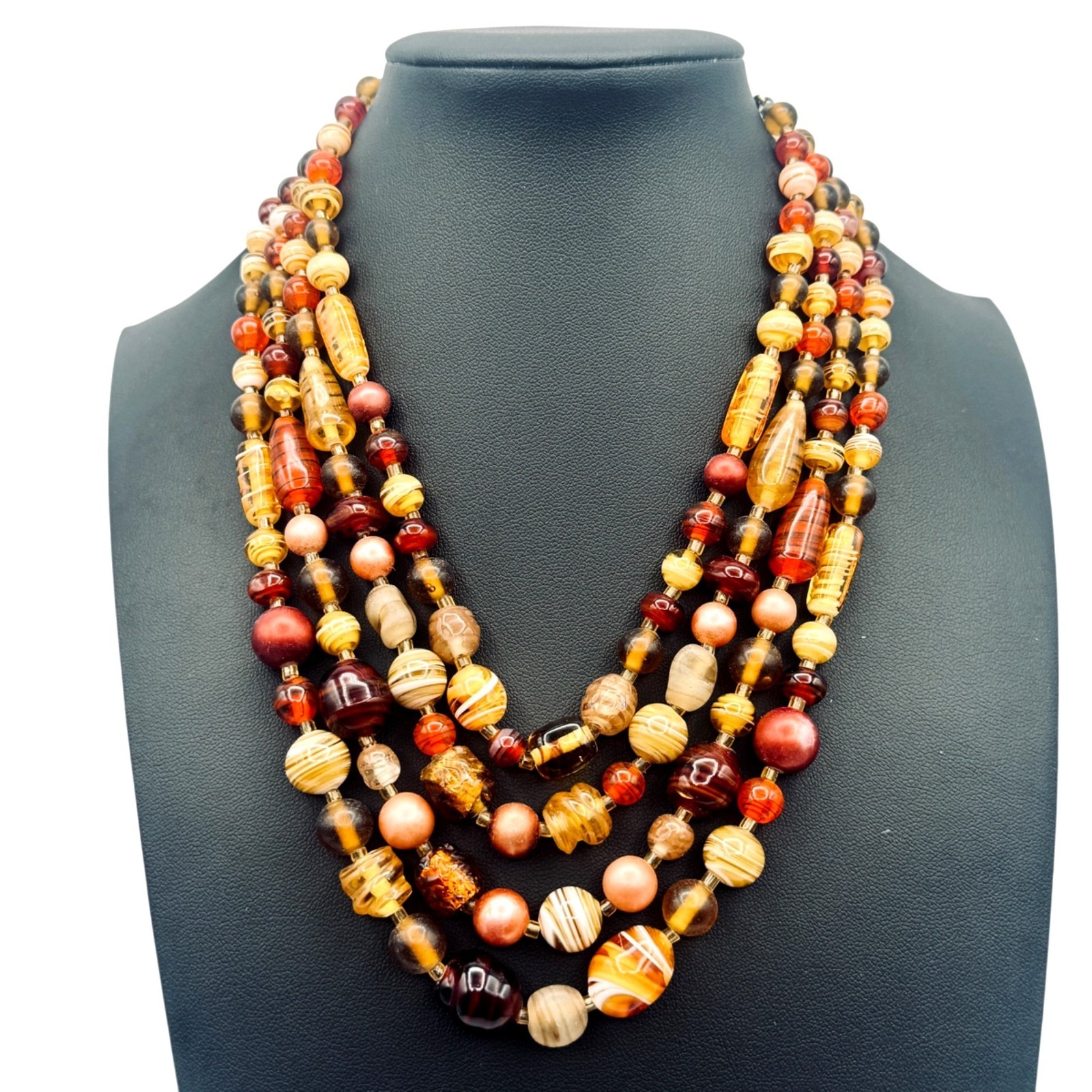 Vintage Multi-Strand Glass Bead Bib Necklace Handmade Lampwork Fall Colors
