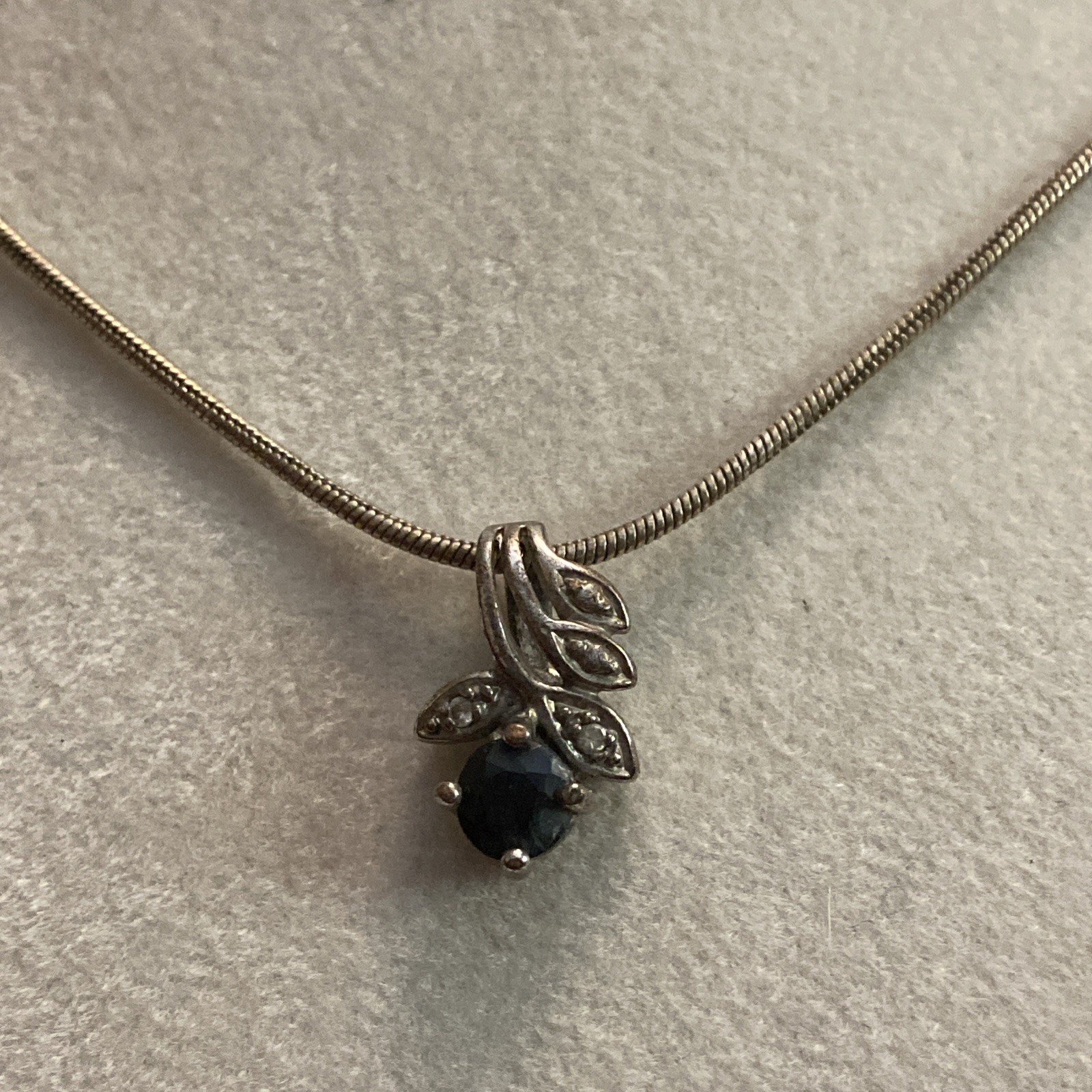 Sterling Silver Pendant & Chain Necklace With Blue Stone & CZ 18”