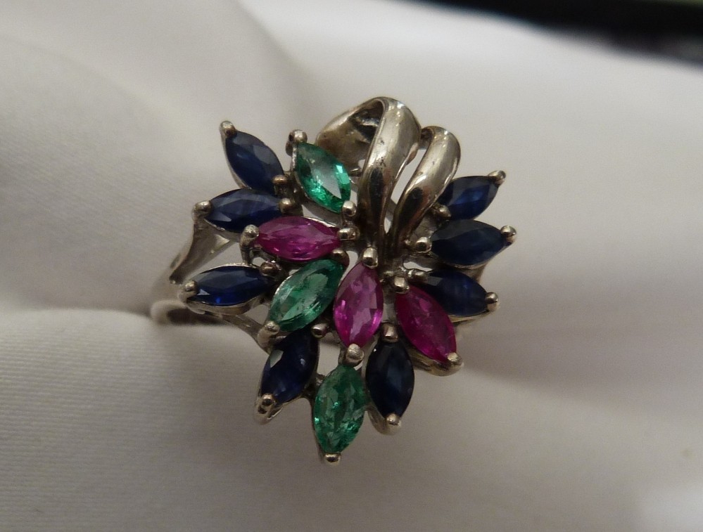 DESIGNER SIGNED EMERALD SAPPHIRE RUBY GEMSTONES STERLING SILVER RING SIZE 9