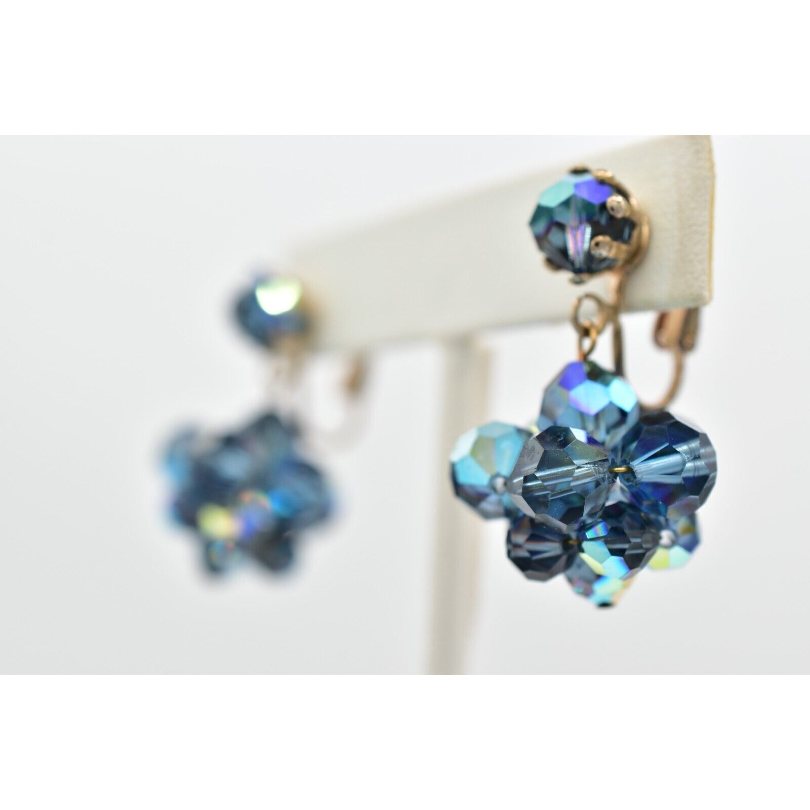 Laguna Vintage Clip On Crystal Earrings Dangle Navy Blue Drop Signed 1950s A24