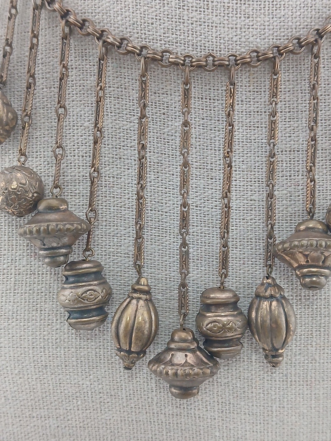Victorian Revival Russian Gold Festoon Bib Dangling ribbed orbs Collar necklace