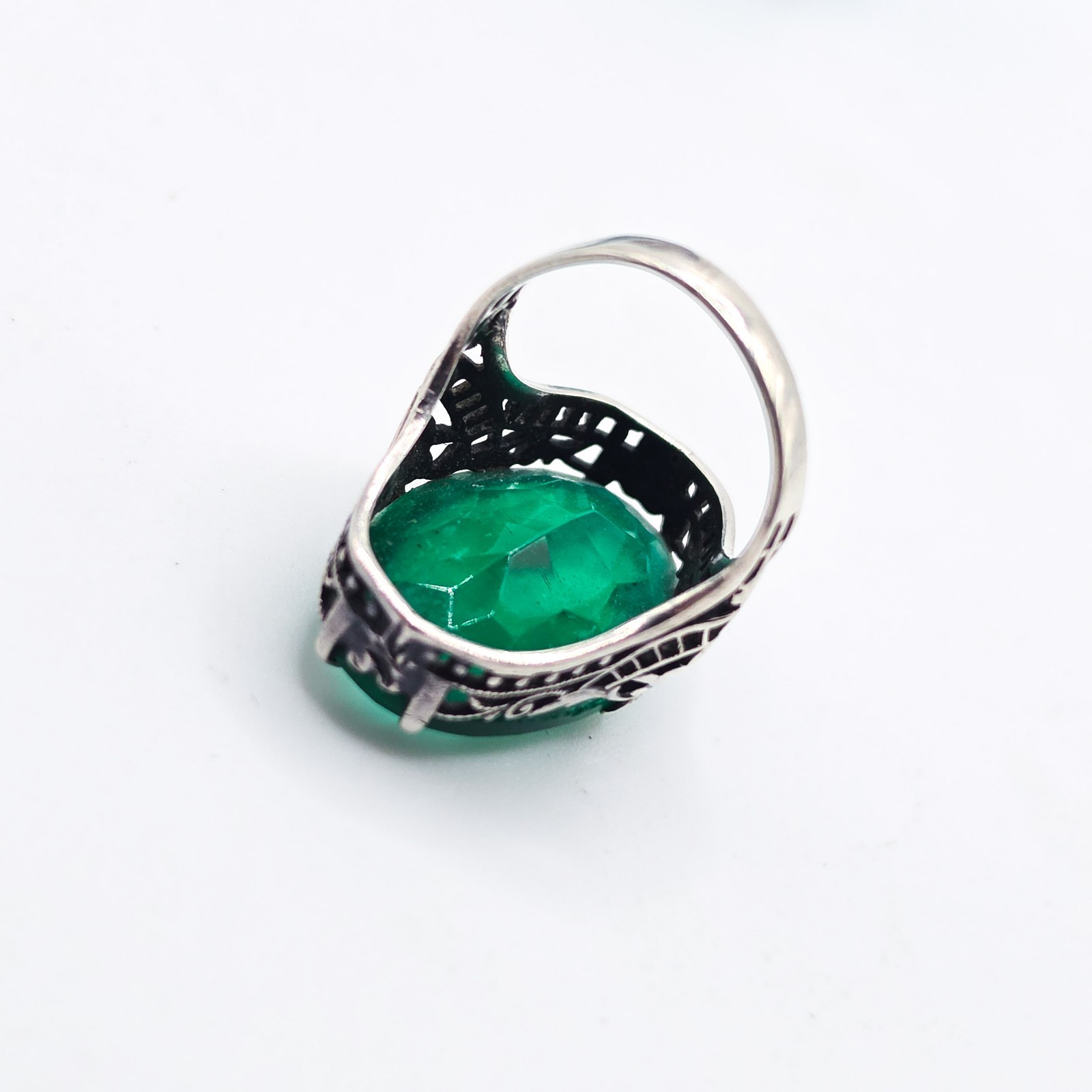 Vintage Art Deco Sterling Dark Green Glass 1930s 925 Silver Size 3.5