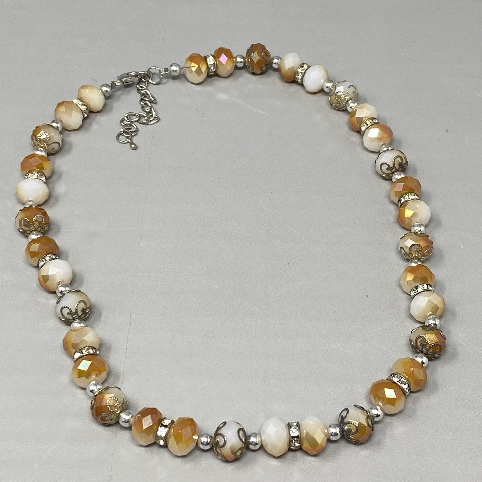 Glass Beaded Necklace White Orange Faceted Fire Polished Metal Caps Collar 21″