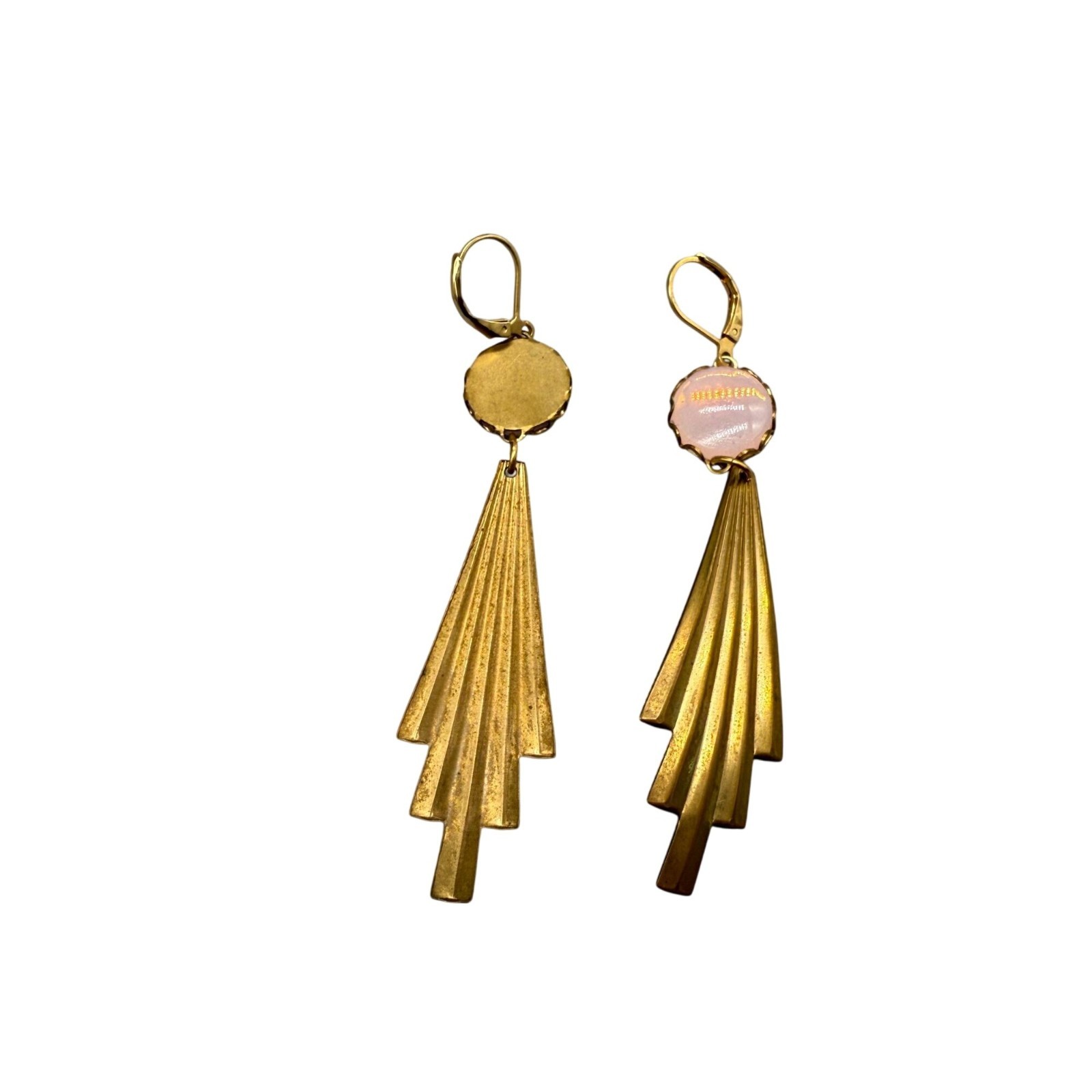 Vintage Pink Crystal Plated Dangle Drop Earrings Brass Tone Retro Classic