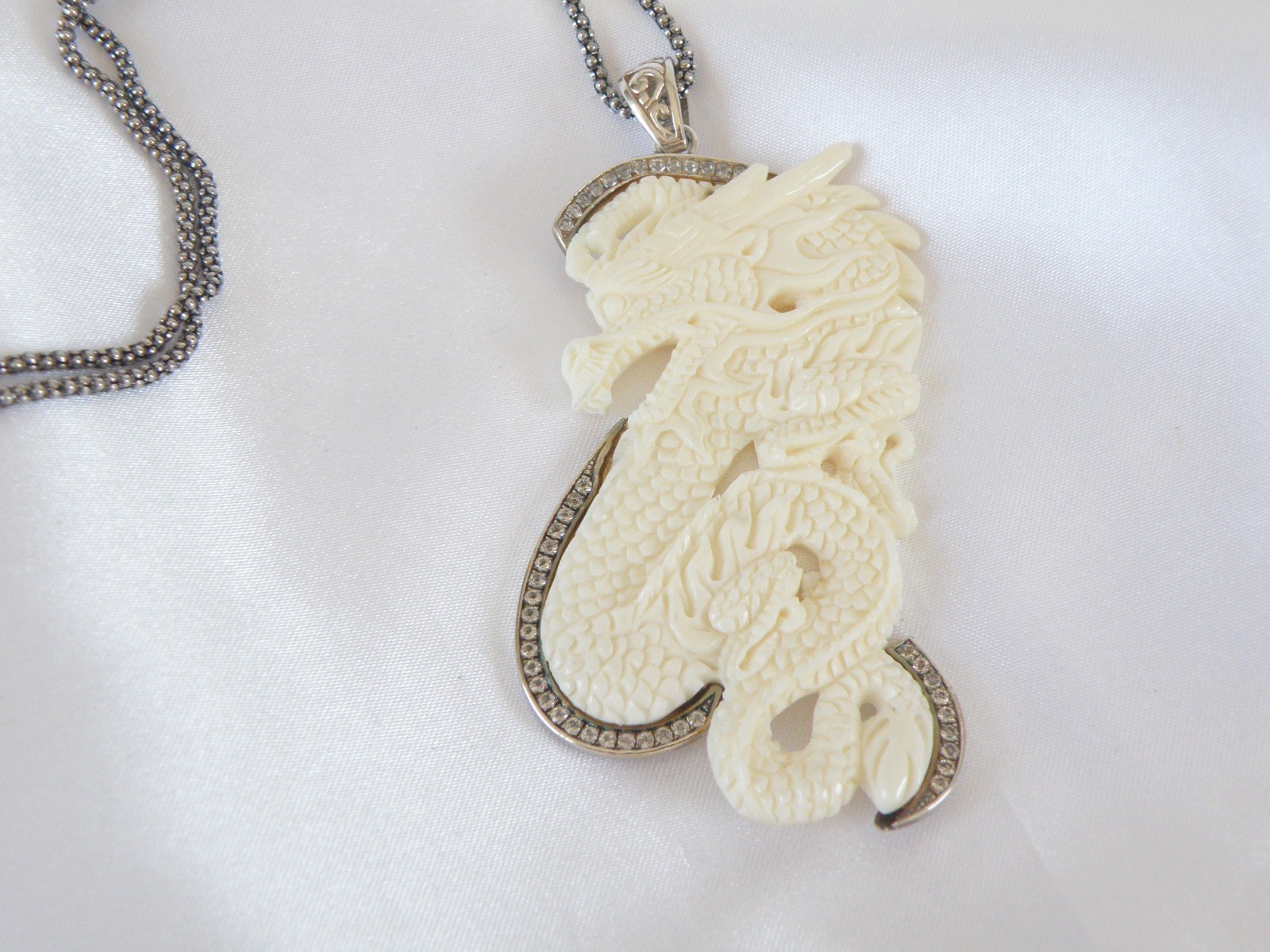 Huge Samuel B Carved CZ Dragon Statement Pendant Popcorn Mesh Necklace