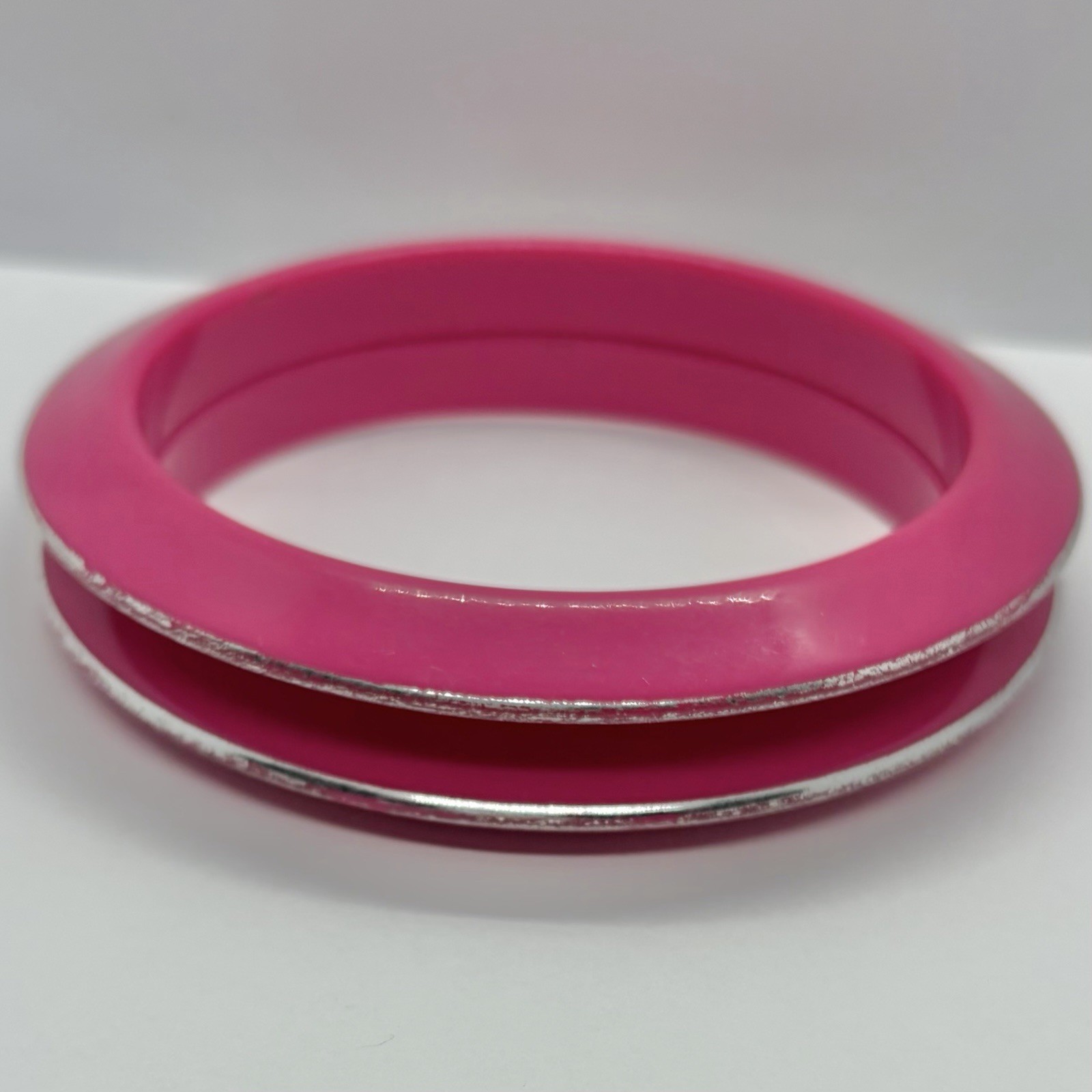Vtg Pink Chrome Lucite Stacking 9 Inch Saucer Statement Bangle Bracelets Set
