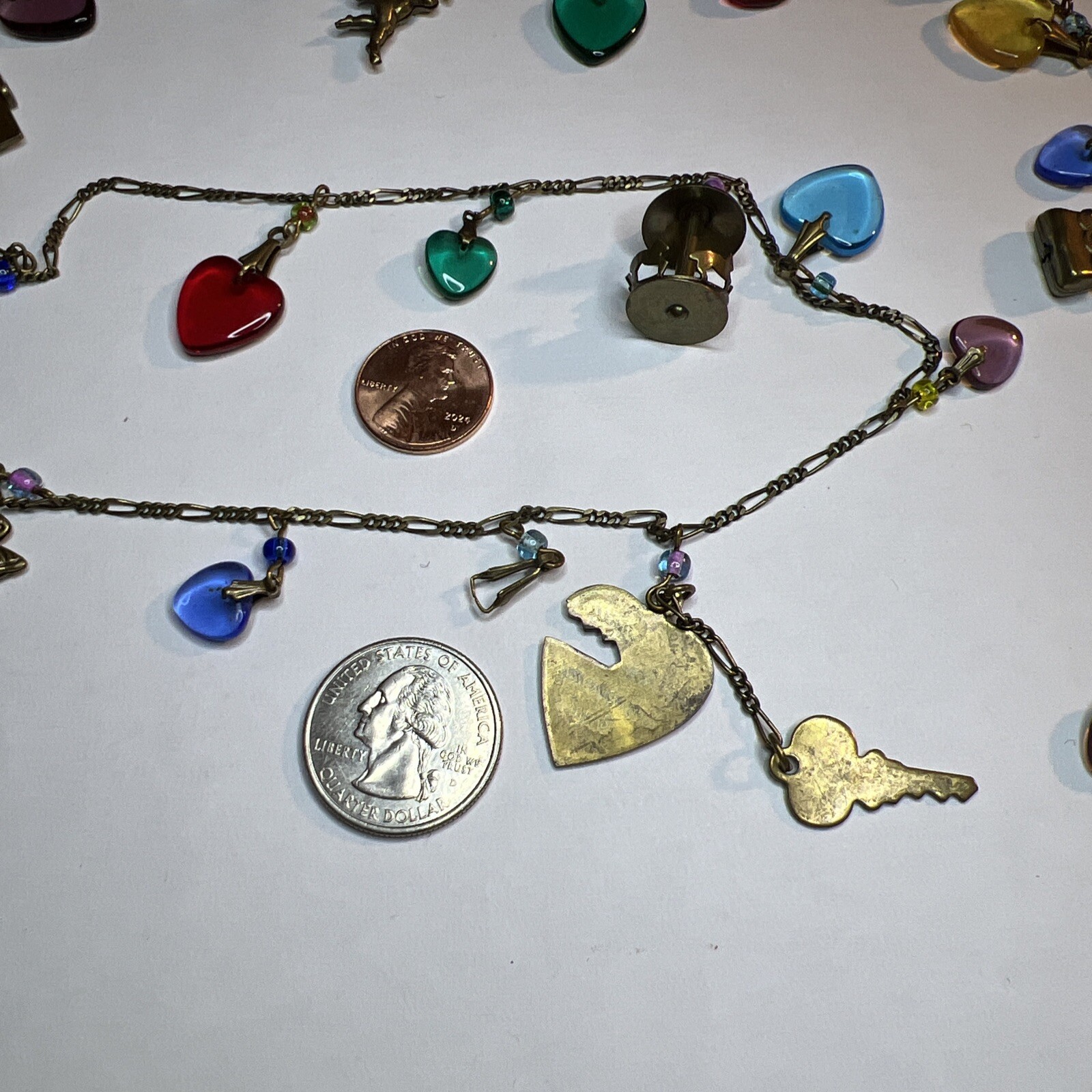 Vintage Glass Works Studio Necklace Unsigned Hearts Brass Charms Cherub