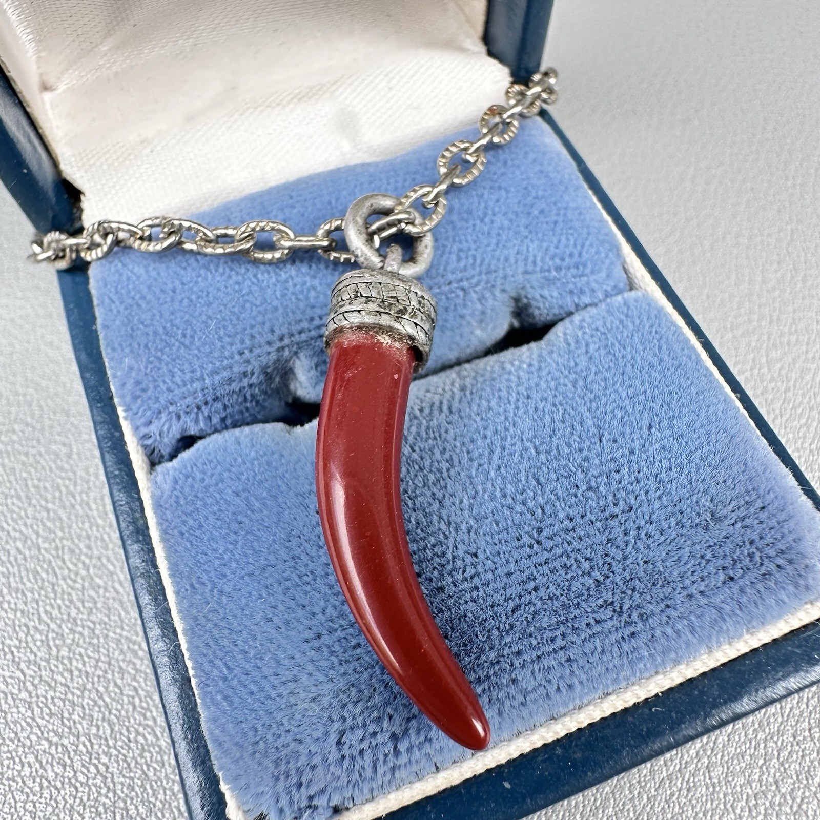 Vintage Cornicello Horn Necklace Red Resin Faux Coral Silver Tone Corno Luck 70s