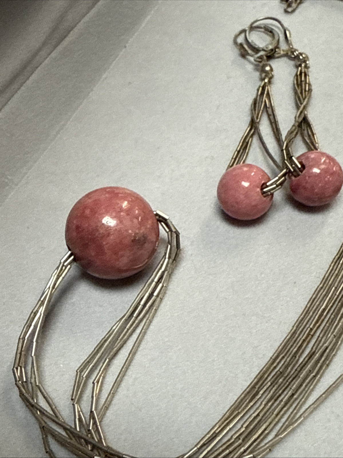 POLLACK HSN LIQUID SILVER PINK GEMSTONE BALL BEAD PENDANT NECKLACE EARRINGS SET