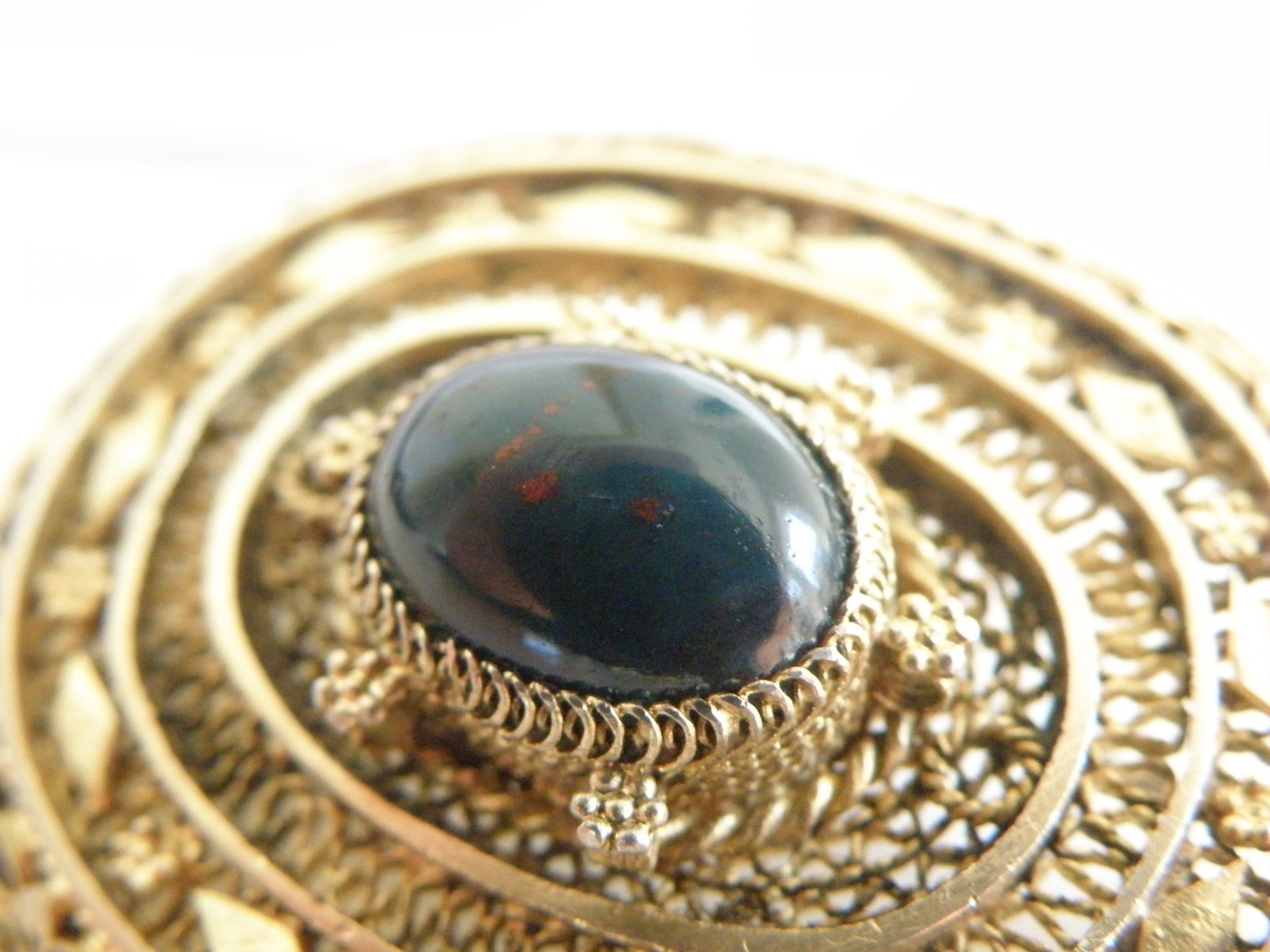 Vintage Silver Gold Plated Natura Bloodstone Large Filigree Brooch