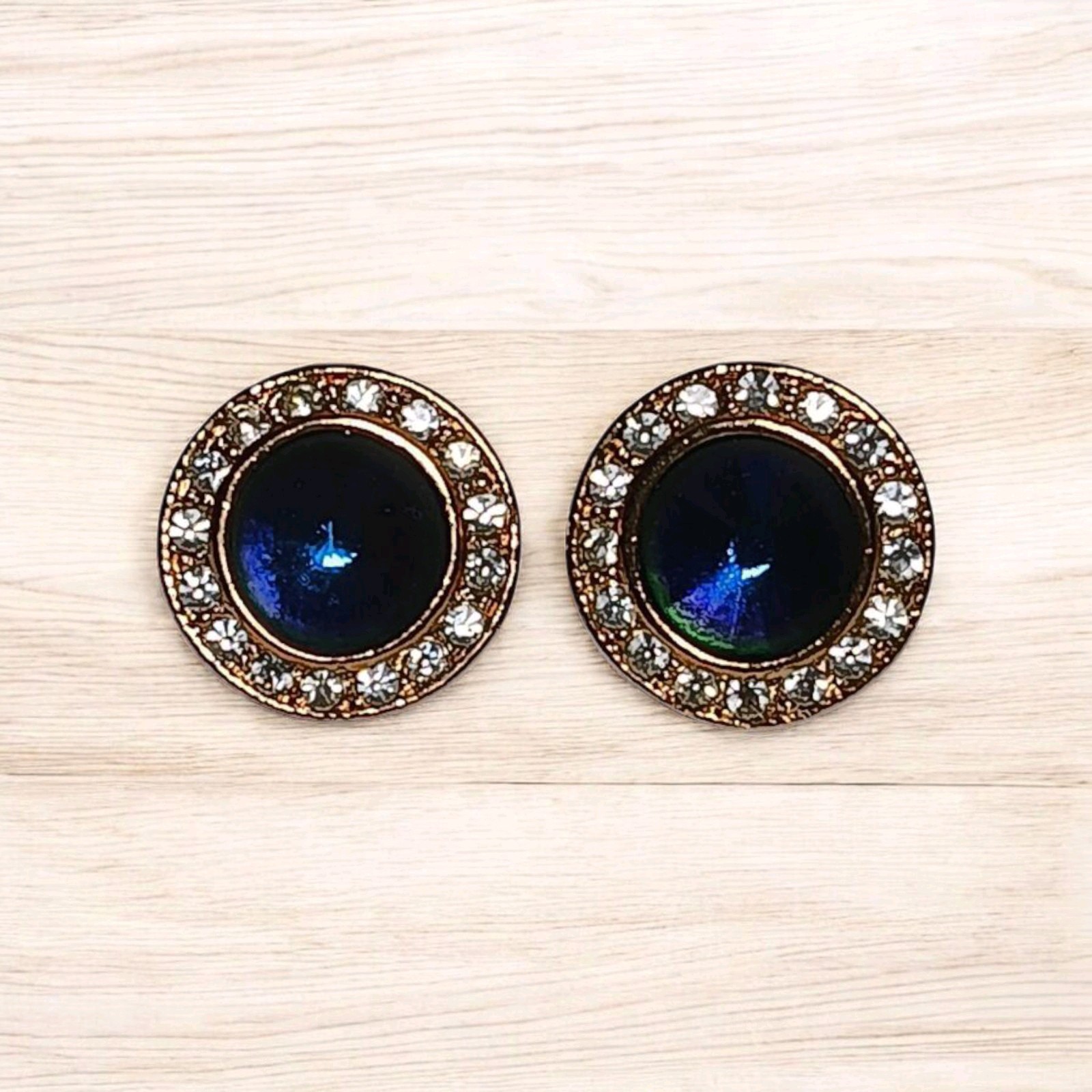 Roman Signed Earrings Violet Blue Rivoli Clear Crystal Gold Tone Round Pierced