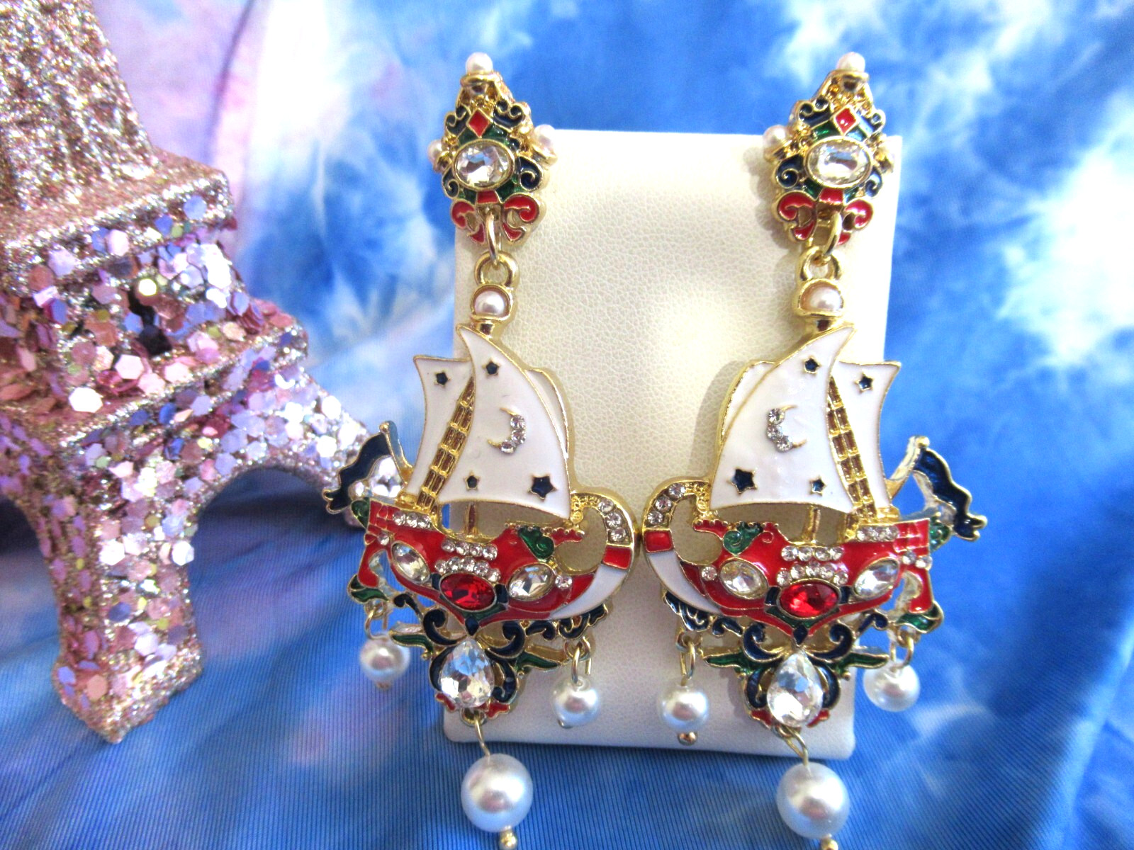 Art Nouveau Earrings Sailboat Ship Boat Pearl Earring & Brooch Crystal Pearl Set