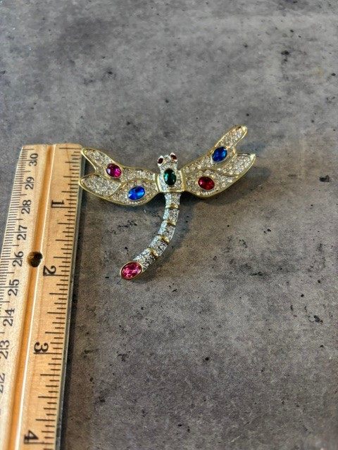 Vintage Dragonfly Brooch Pin with Gold Enamel and Multi Color Rhinestones