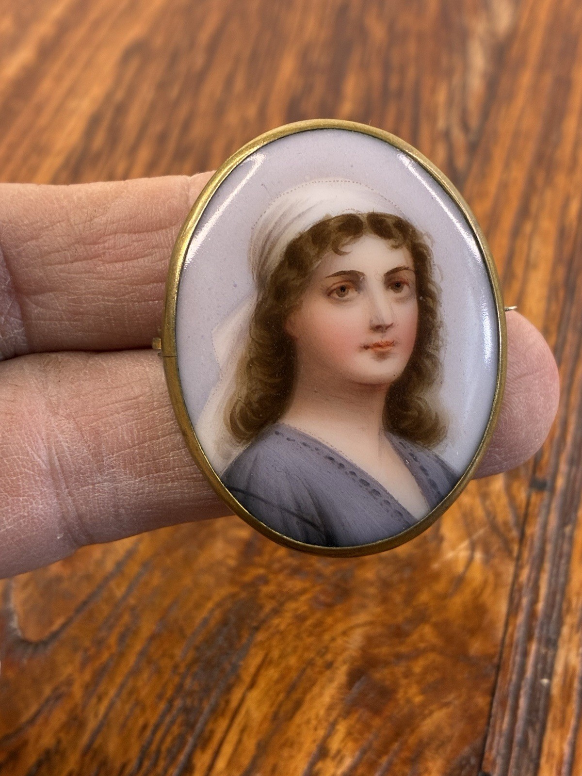 Antique Hand Painted Portrait Brooch w/ C Clasp Gold Tone porcelain Back stamped