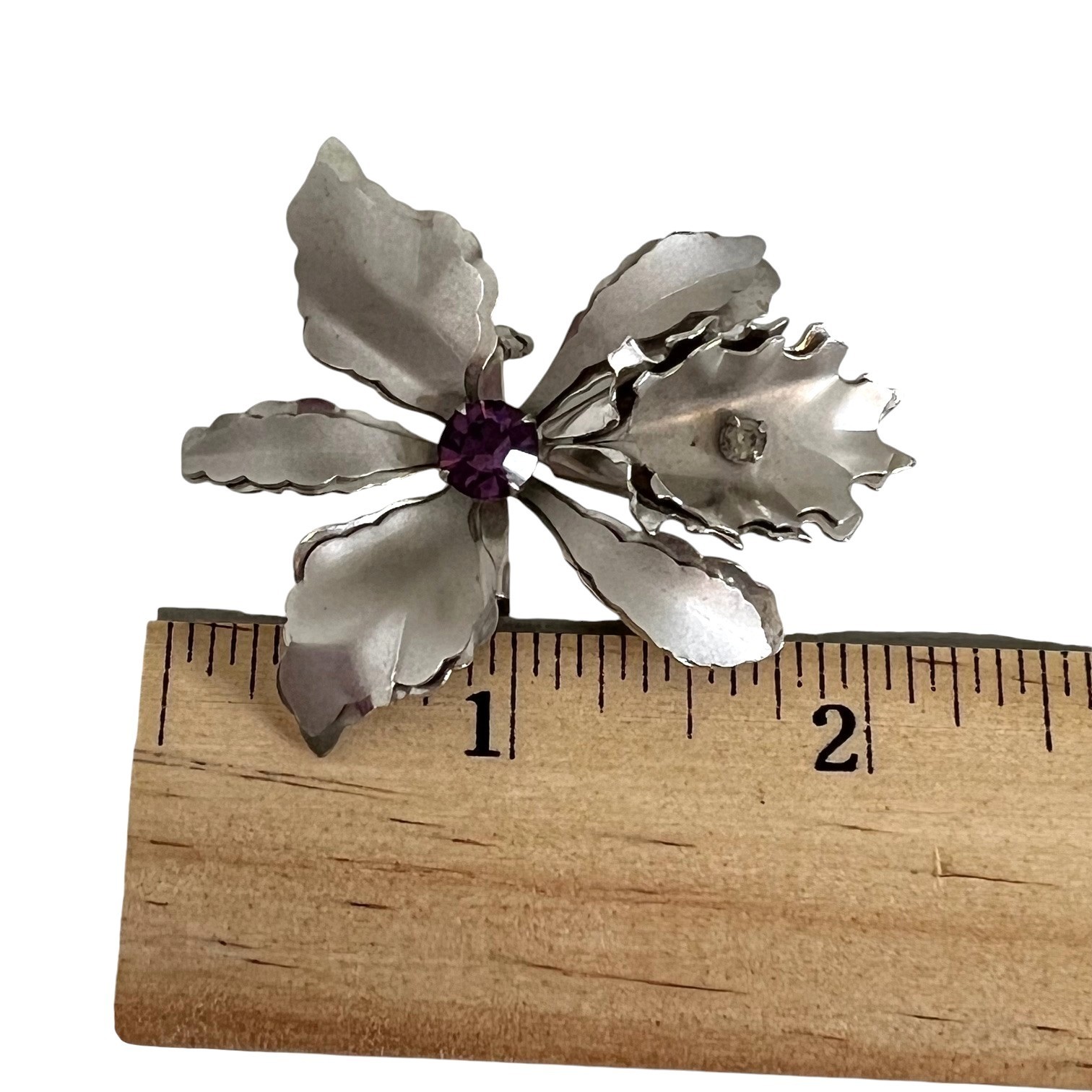 Silver Tone Orchid Flower Brooch Purple Rhinestone Center Convertible Pendant