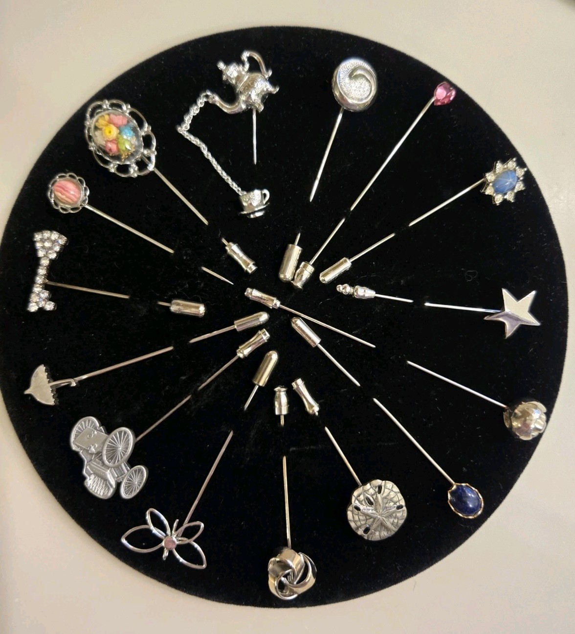 Vintage 15 Pc Stick Pin Collection Silver Tone Novelty Estate Lot
