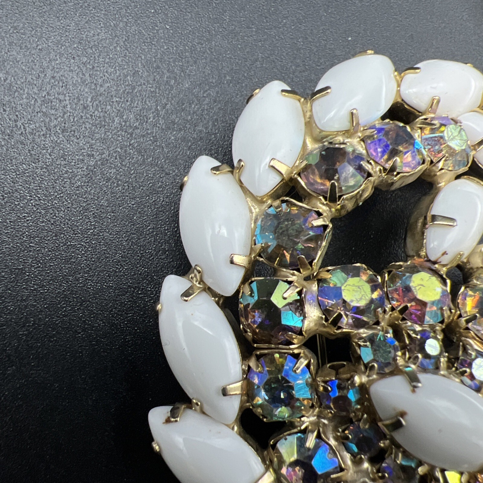 Vintage Aurora Borealis Rhinestone Milk Glass Large Swirl 3″ Brooch Pin