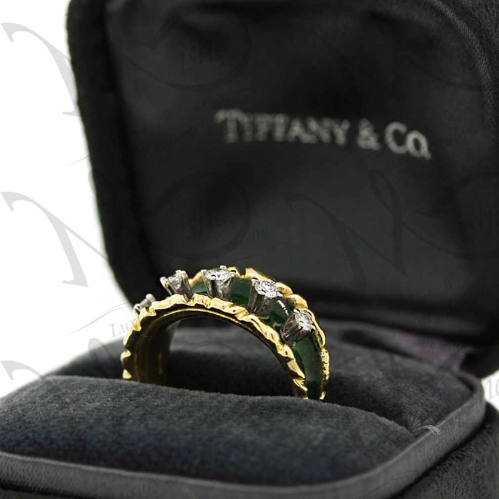 Tiffany & Co 18K Yellow Gold Diamond Green Enamel Ring Size 4.75