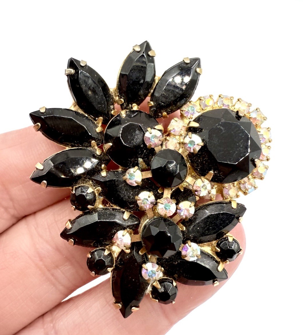 JULIANA Delizza & Elster Black and AB Rhinestone Brooch Vintage Jewelry