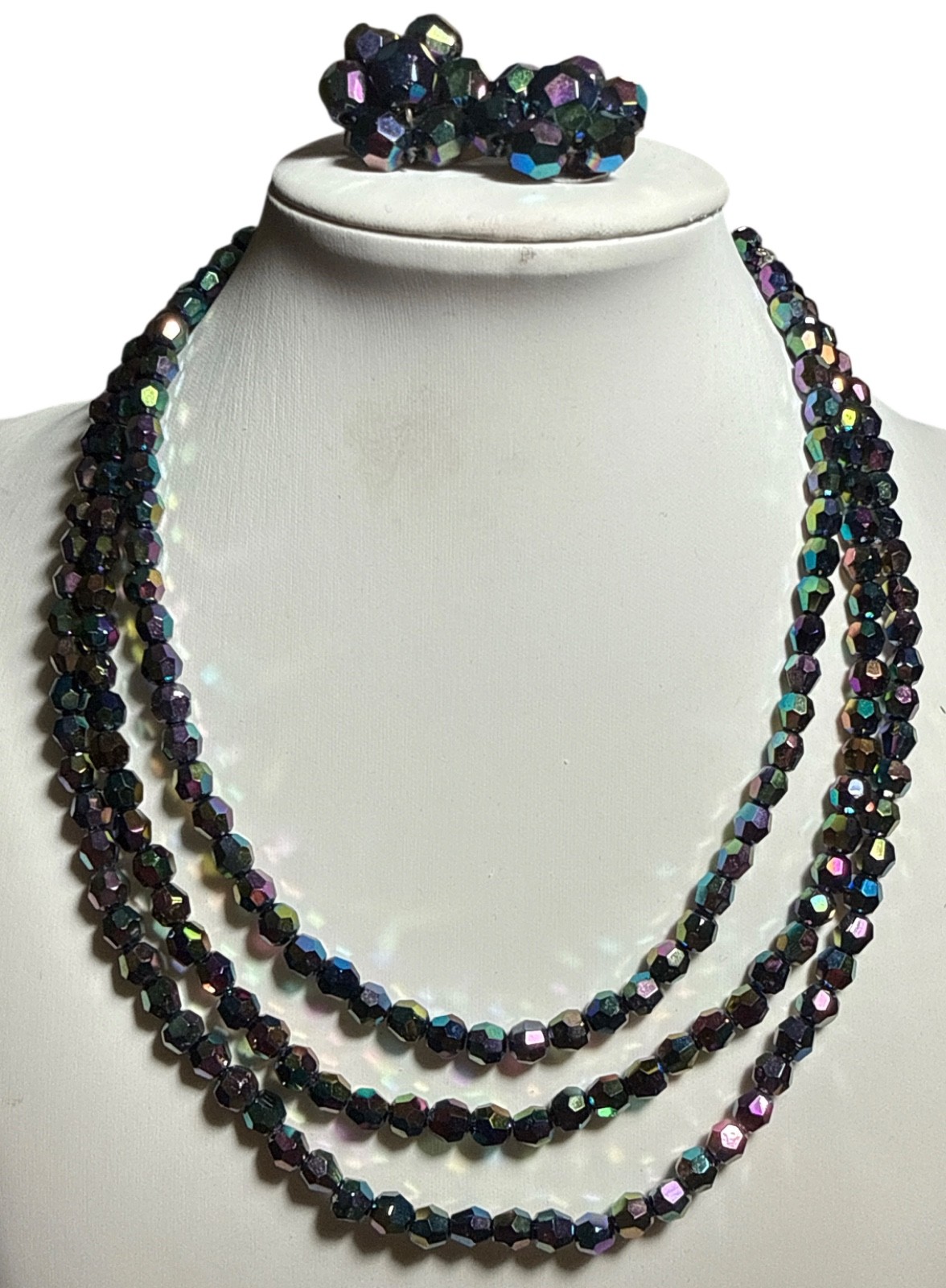 Vintage Carnival Glass Bead Necklace Three Strand Made in W. Germany 15″-17″ EUC