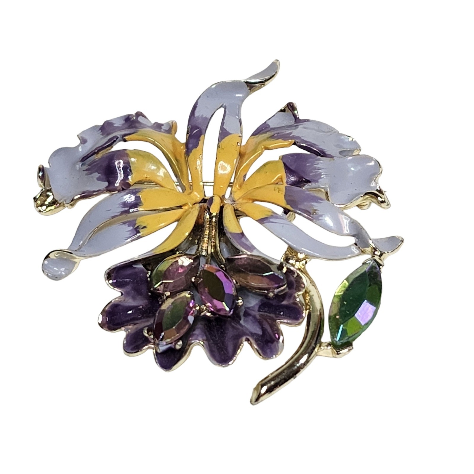 Vintage Signed B.S.K. Orchid Brooch Enamel Glass Crystal Purple Brooch Pin